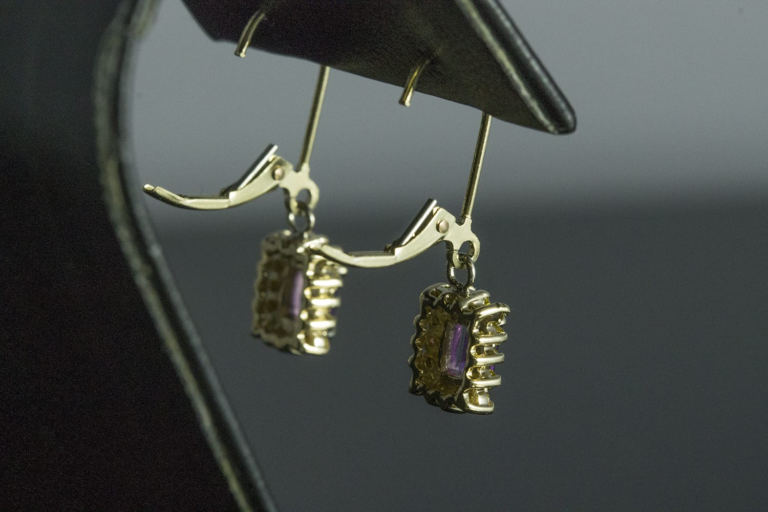 Yellow Gold Emerald Cut Amethyst Earrings Rectangular Halo Of Yellow Gold Emerald Cut Amethyst Earrings Rectangular Halo Of Treated Melee Diamonds Lever Back E291