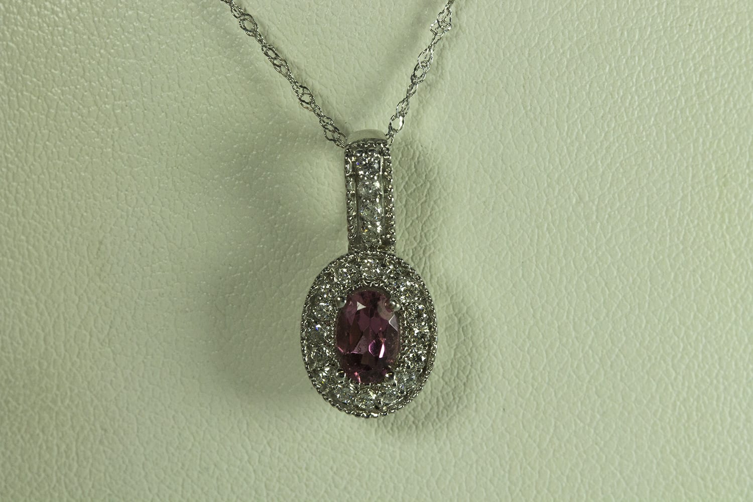 Pink Tourmaline & Diamond Halo Pendant Necklace 14K Yellow Gold