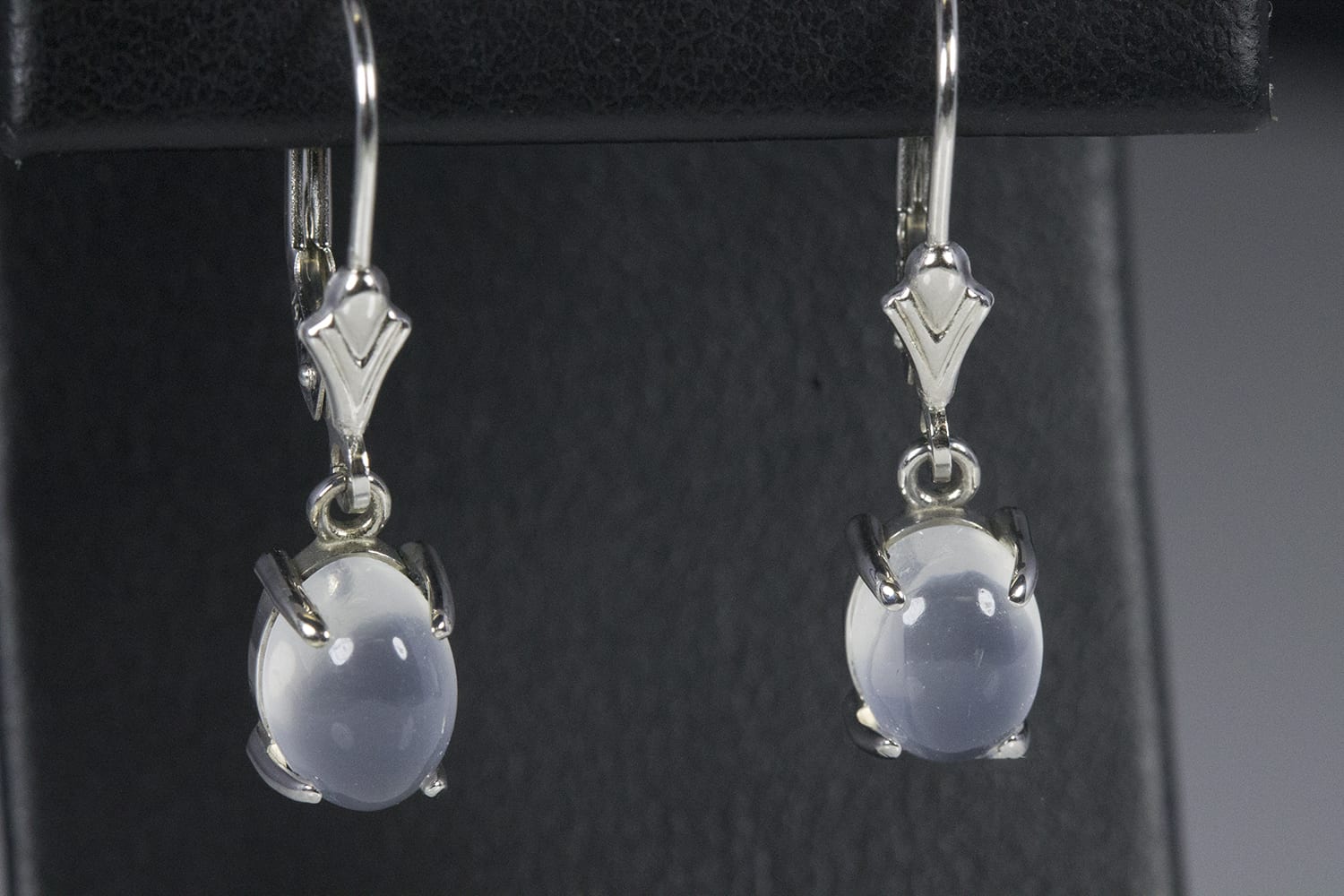 14k White Gold Oval Cabochon Moonstone Leverback Dangle Earrings Set in Four Prongs E606