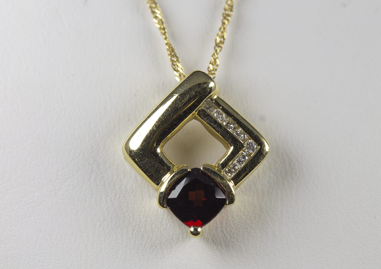 14k Yellow Gold Abstract Squared Slide Pendant Necklace w/ Cushion Garnet  Gemstone at Base and Melee Diamonds Channel Set on Corner - F495