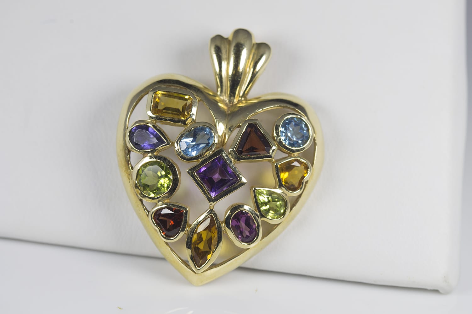 14k Yellow Gold Heart Pendant Enhancer w/ Garnet, Citrine, Peridot, Topaz ,  Amethyst Abstractly Bezel Set - G92